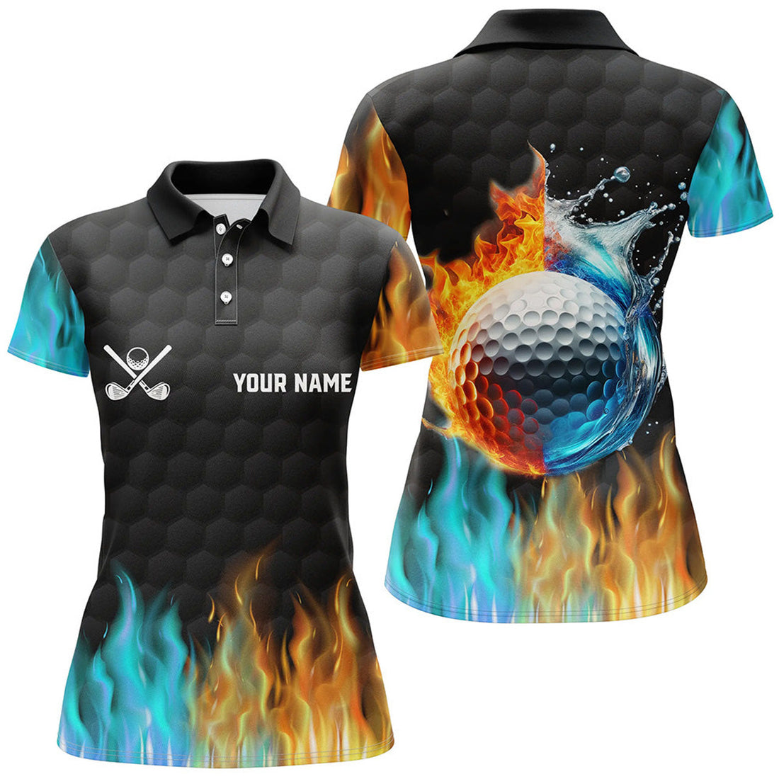 Custom Fire and Water Golf Ball Black Apparel Women's Polo Shirts S-5XL