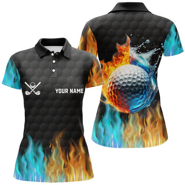 Custom Fire and Water Golf Ball Black Apparel Women's Polo Shirts S-5XL