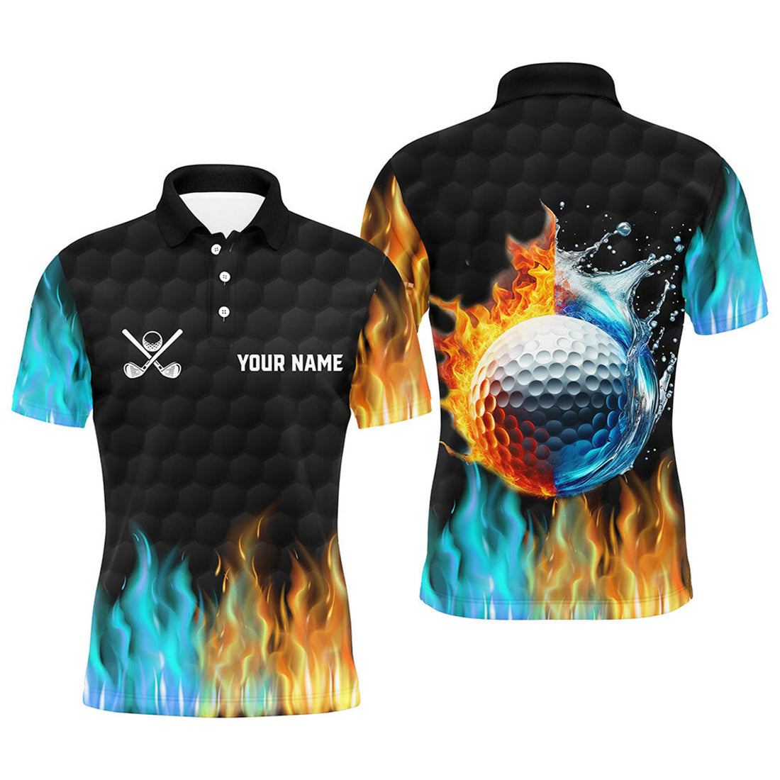 Custom Fire and Water Golf Ball Black Golfing Gifts Men's Polo Shirt S-5XL