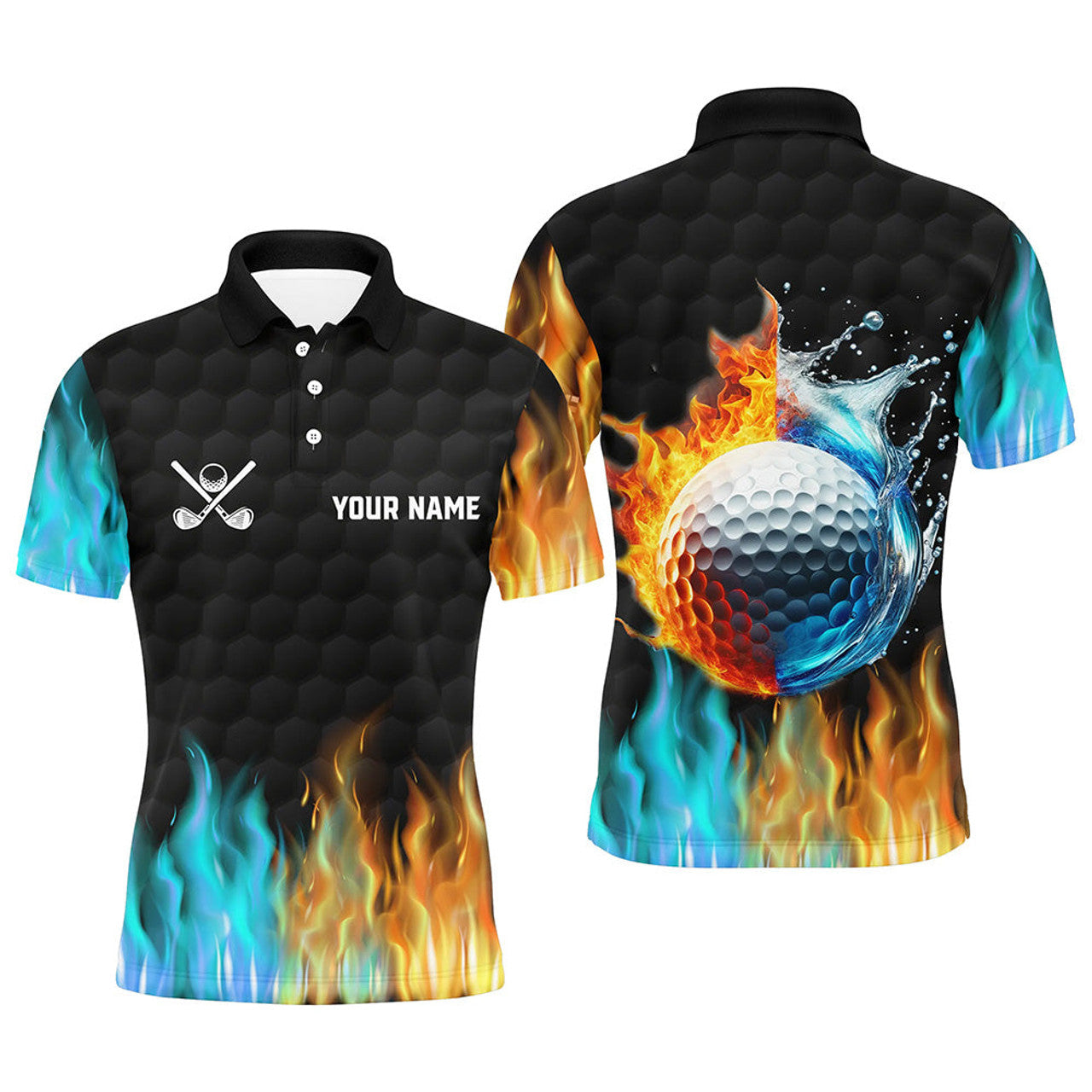 Custom Fire and Water Golf Ball Black Golfing Gifts Men's Polo Shirt S-5XL