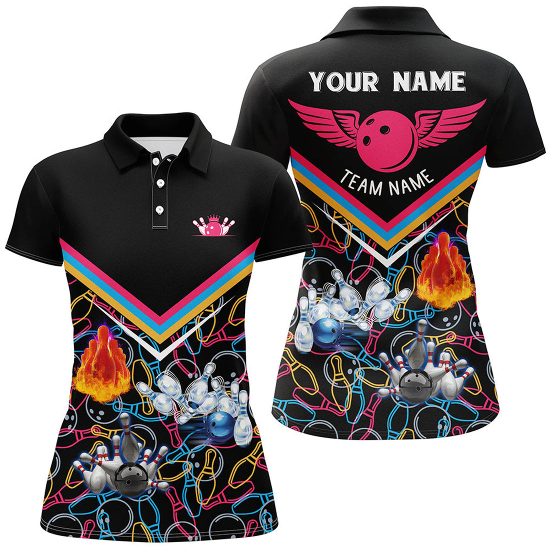 Custom Black Bowling Polo with Name for Women and Girls Women's Polo Shirts S-5XL