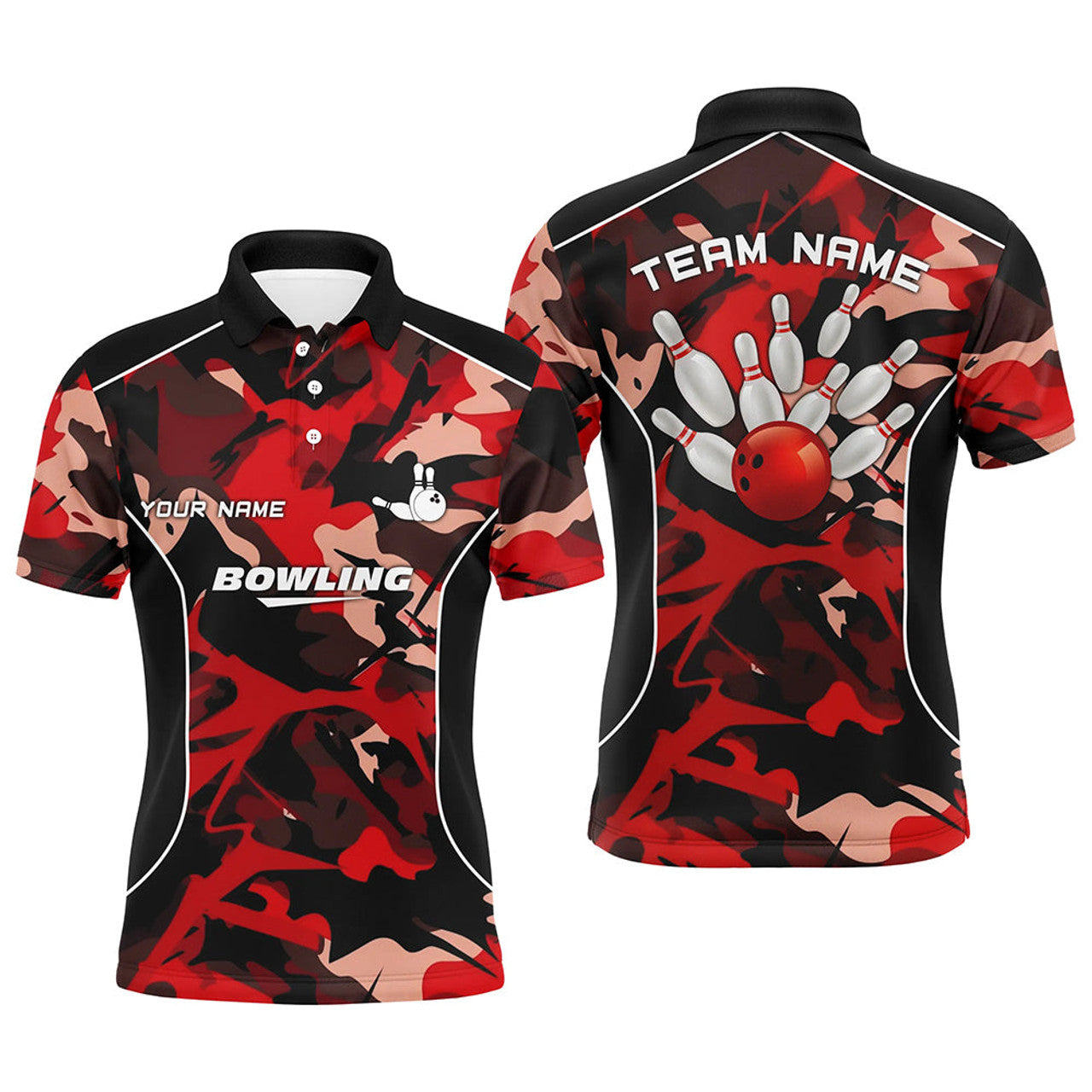 Custom Bowling Shirt Red Camo Bowling Ball and Pins Men's Polo Shirt S-5XL