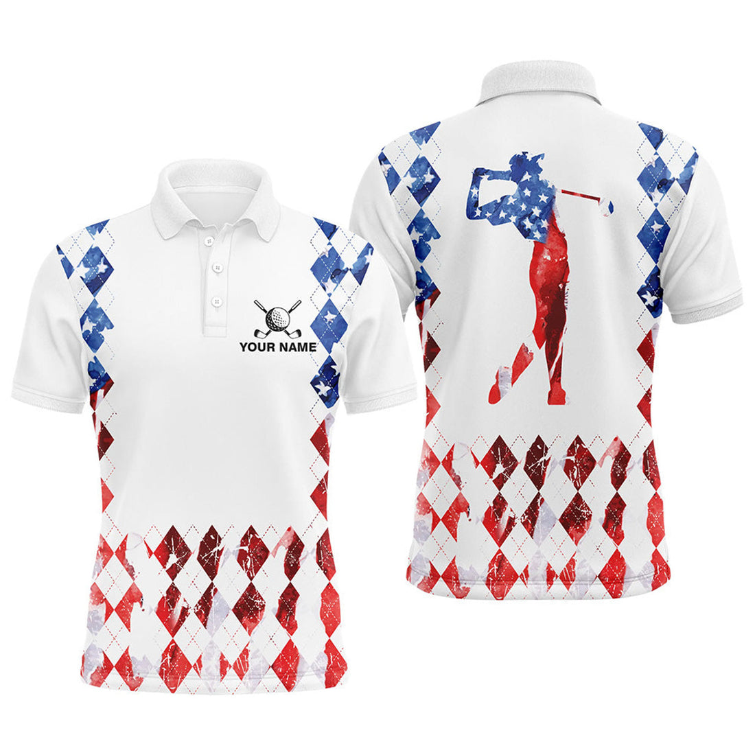 Custom Patriotic Golf Top American Flag Argyle Pattern Men's Polo Shirt S-5XL