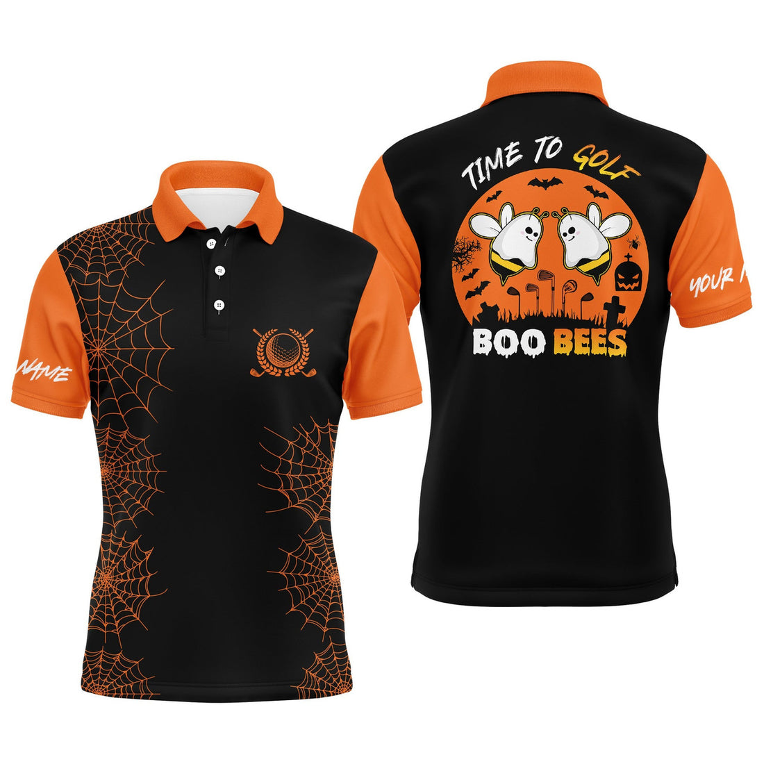 Custom Funny Black Orange Halloween Name Golf Gift Men's Polo Shirt S-5XL