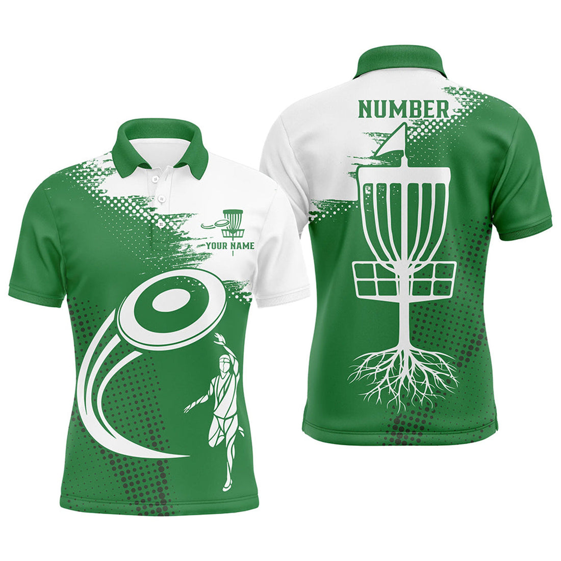 Custom Green and White Golf Polo with Name Number Disc Men's Polo Shirt S-5XL
