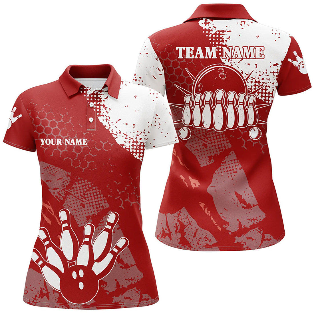 Custom Red and White Retro Bowling Ball Pins League Women's Polo Shirts S-5XL