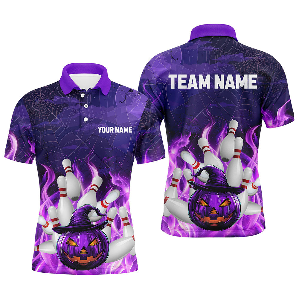 Purple Flame Halloween Pumpkin Bowling Mens Polo Shirt S-5XL