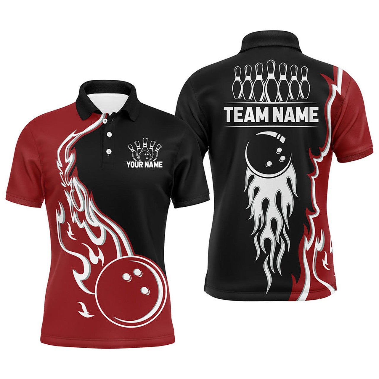 Black Red Flame Bowling Quarter Zip Custom Team Men's Polo Shirt S-5XL