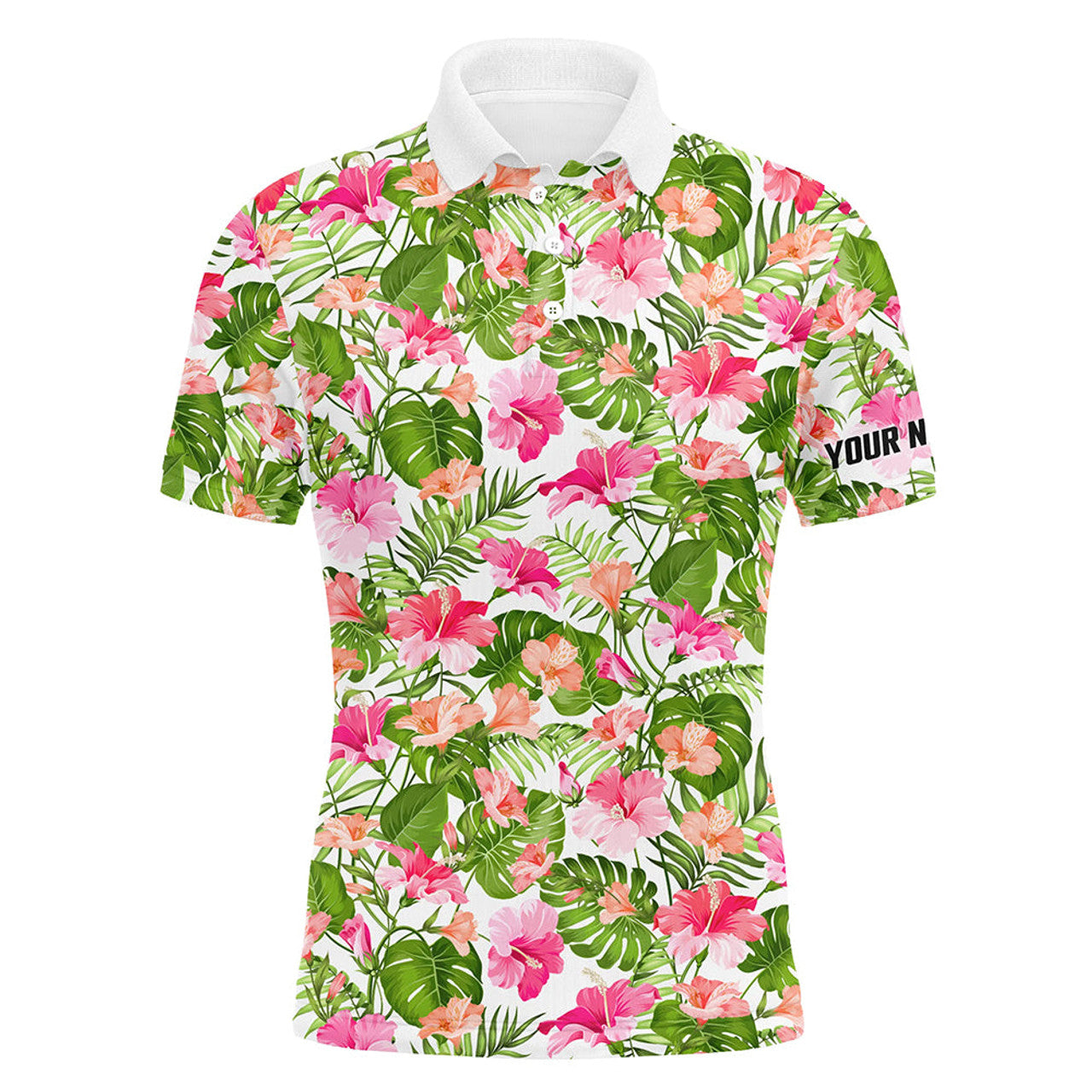 Custom Mens Golf Polos Blooming Hibiscus and Palm Pattern Men's Polo Shirt S-5XL