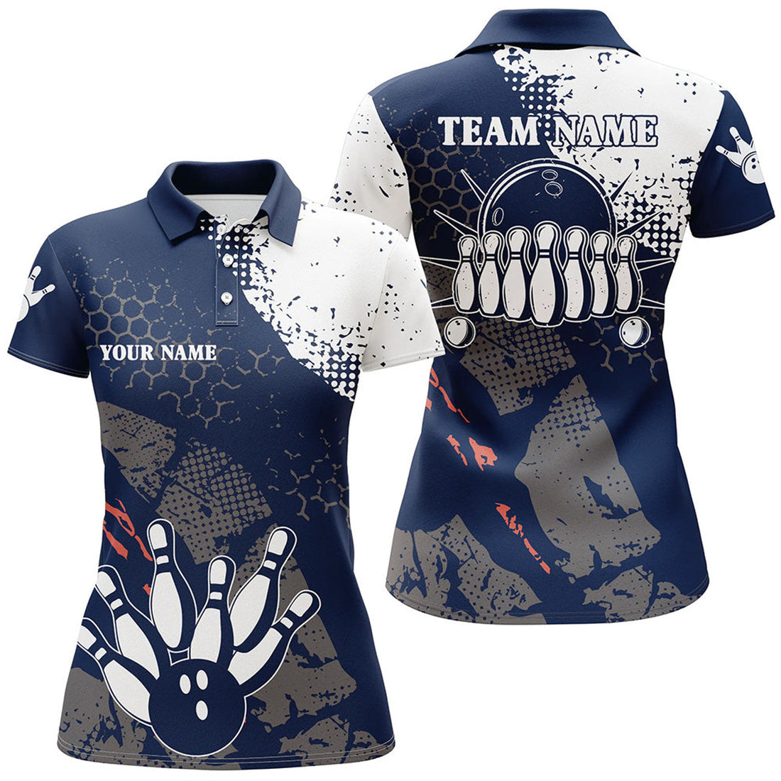 Custom Navy White Women Bowling Retro Ball Pins Team League Women's Polo Shirts S-5XL