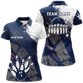 Custom Navy White Women Bowling Retro Ball Pins Team League Women's Polo Shirts S-5XL