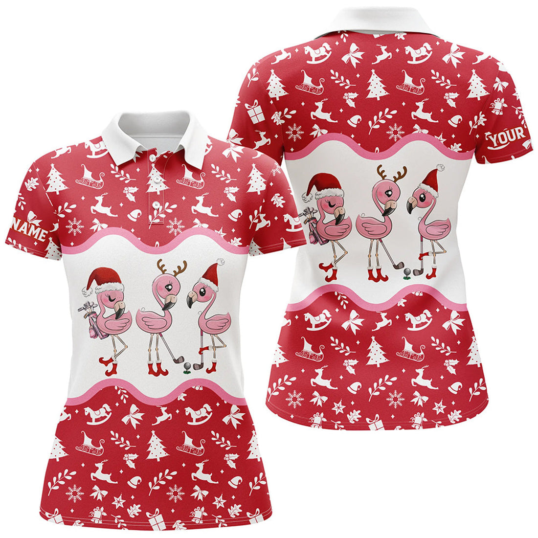 Custom Red and White Christmas Pattern Flamingo for Women's Polo Shirts S-5XL