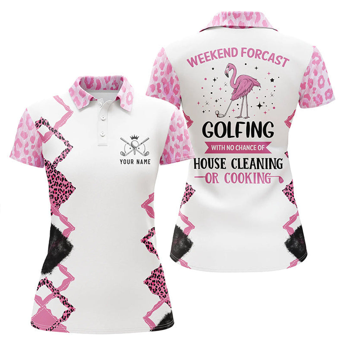 Custom Pink Flamingo Leopard Golf Shirt No Cleaning Women's Polo Shirts S-5XL