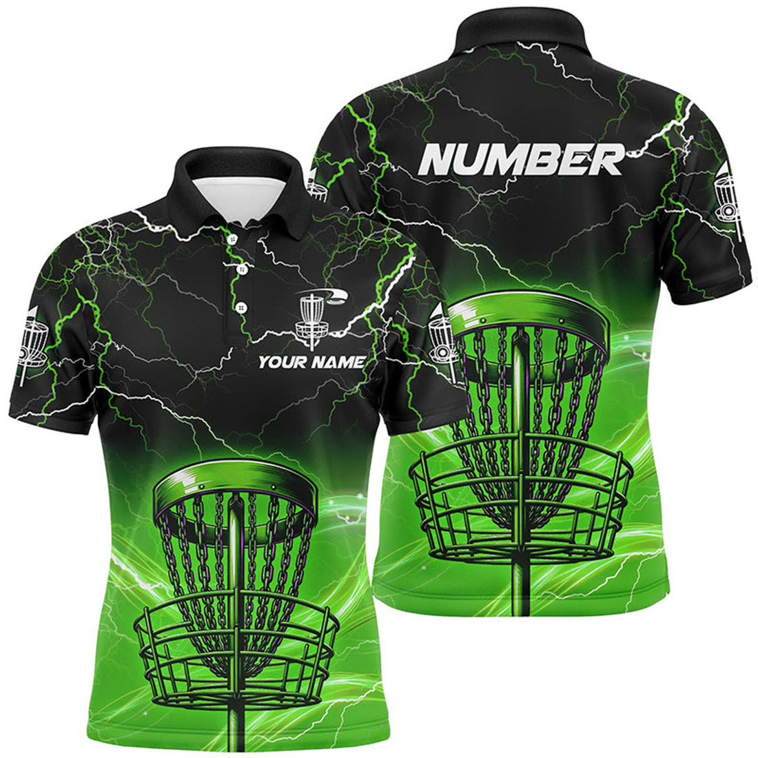 Custom Green Light Lightning Thunder Disc Golf Basket Men's Polo Shirt S-5XL