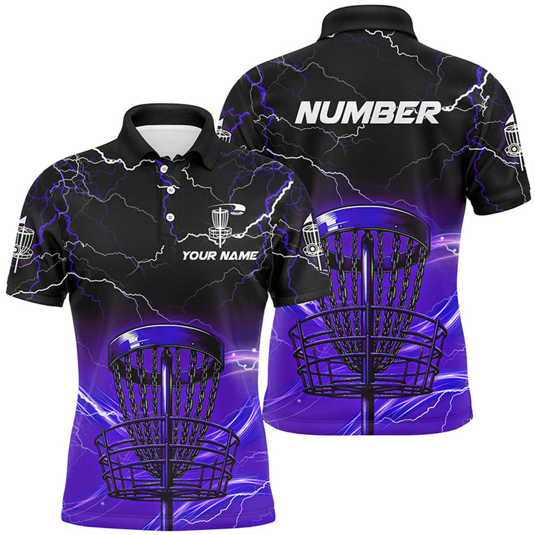 Custom Purple Light Lightning Thunder Disc Golf Basket Men's Polo Shirt S-5XL