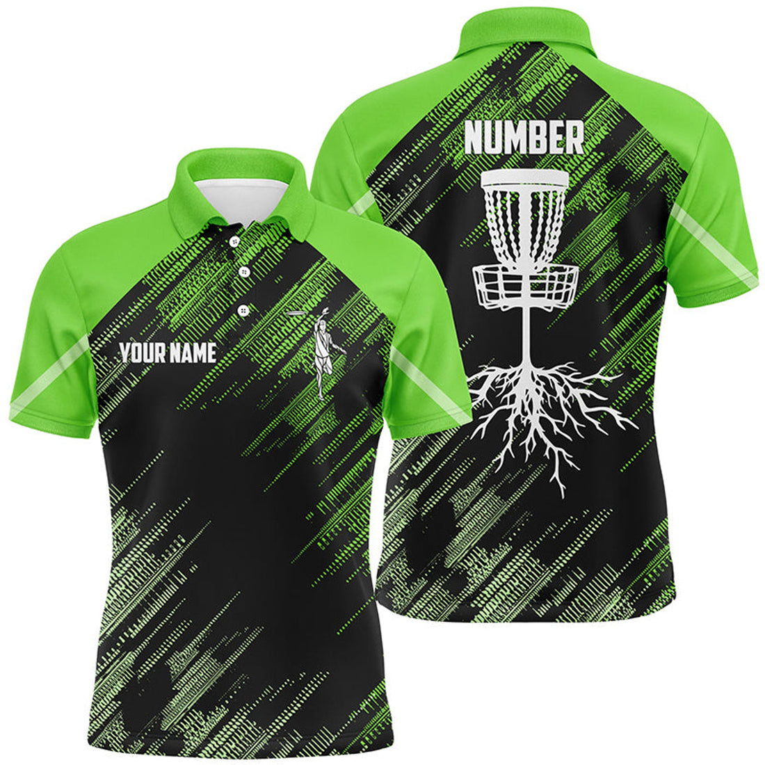 Custom Green Disc Golf Basket Camo Name & Number Men's Polo Shirt S-5XL