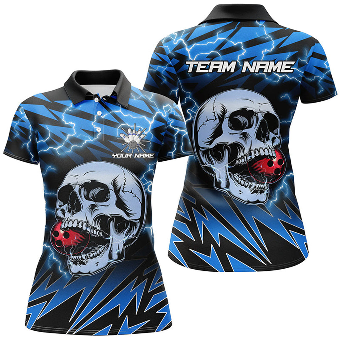 Custom Blue Lightning Skull Bowling Gift Shirt Women's Polo Shirts S-5XL