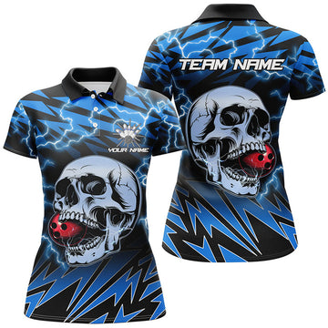 Custom Blue Lightning Skull Bowling Gift Shirt Women's Polo Shirts S-5XL