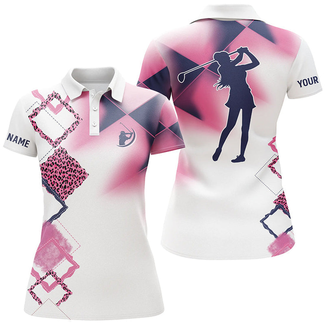 Custom Pink Leopard Golf with Name White Golf Tops Women's Polo Shirts S-5XL