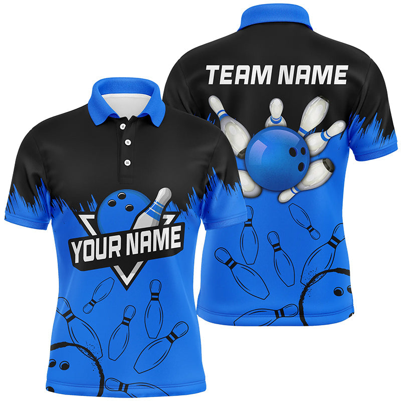 Custom Black Blue Bowling Team League Polo Shirt for Men S-5XL