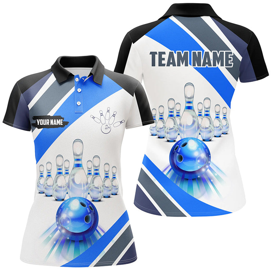 Custom Blue Light with Bowling Ball and Pins Team League Women's Polo Shirts S-5XL