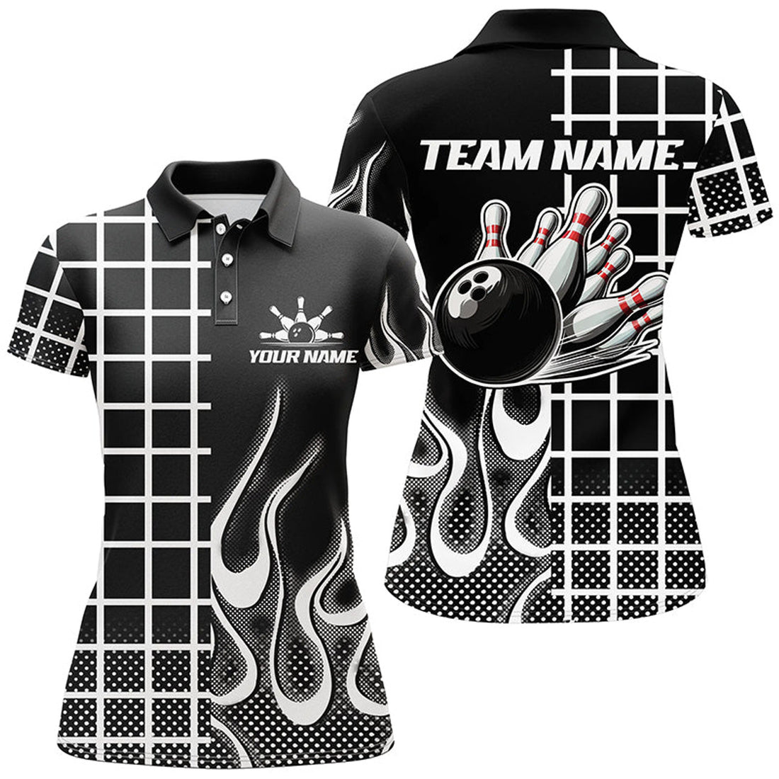 Custom Retro Black White Bowling Team Women's Polo Shirts S-5XL