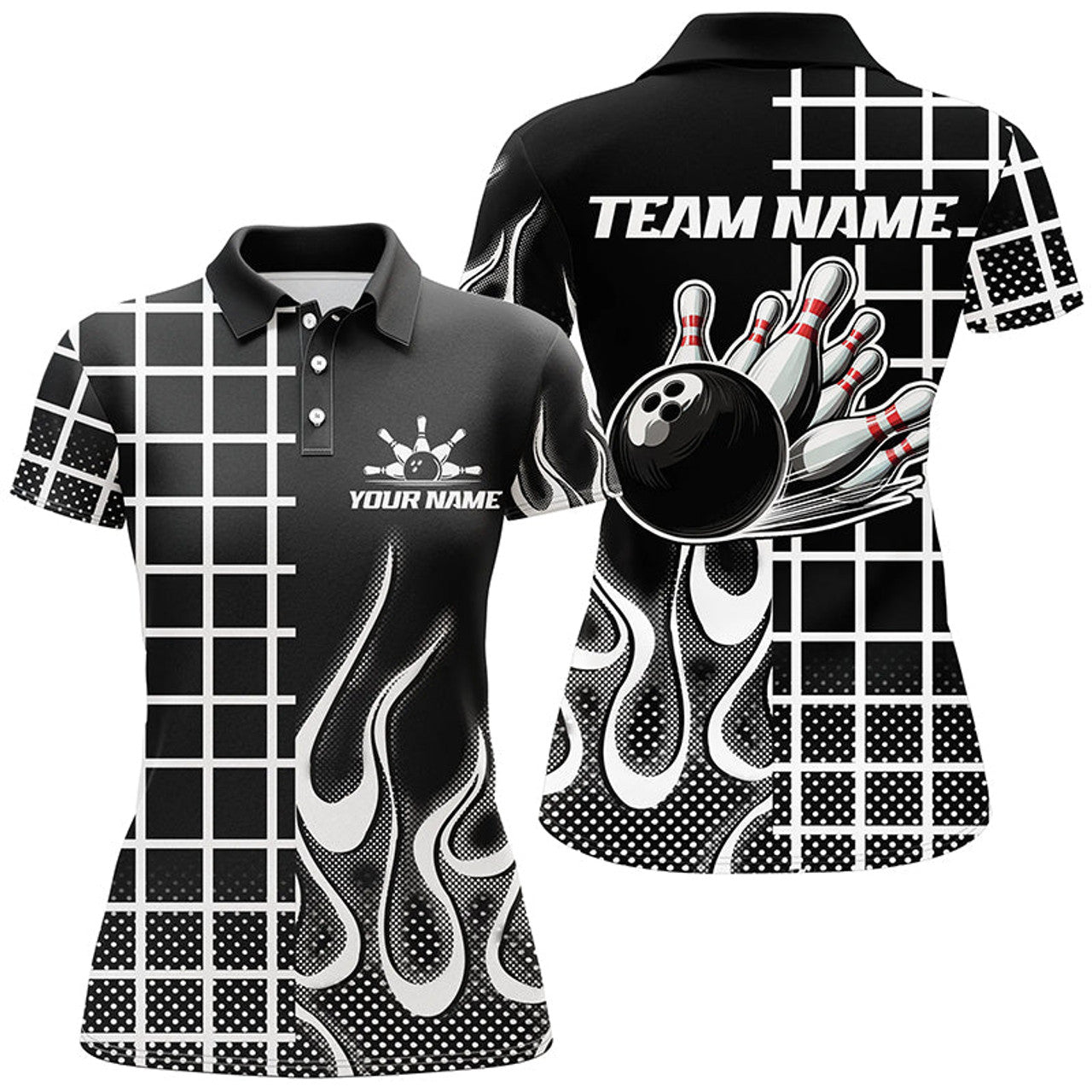 Custom Retro Black White Bowling Team Women's Polo Shirts S-5XL