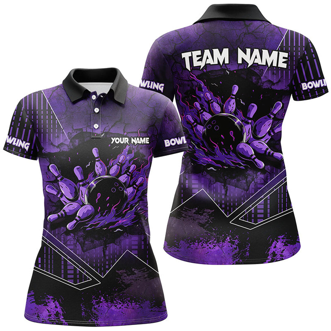 Custom Purple Flame Bowling Team Shirt with Pins Women's Polo Shirts S-5XL