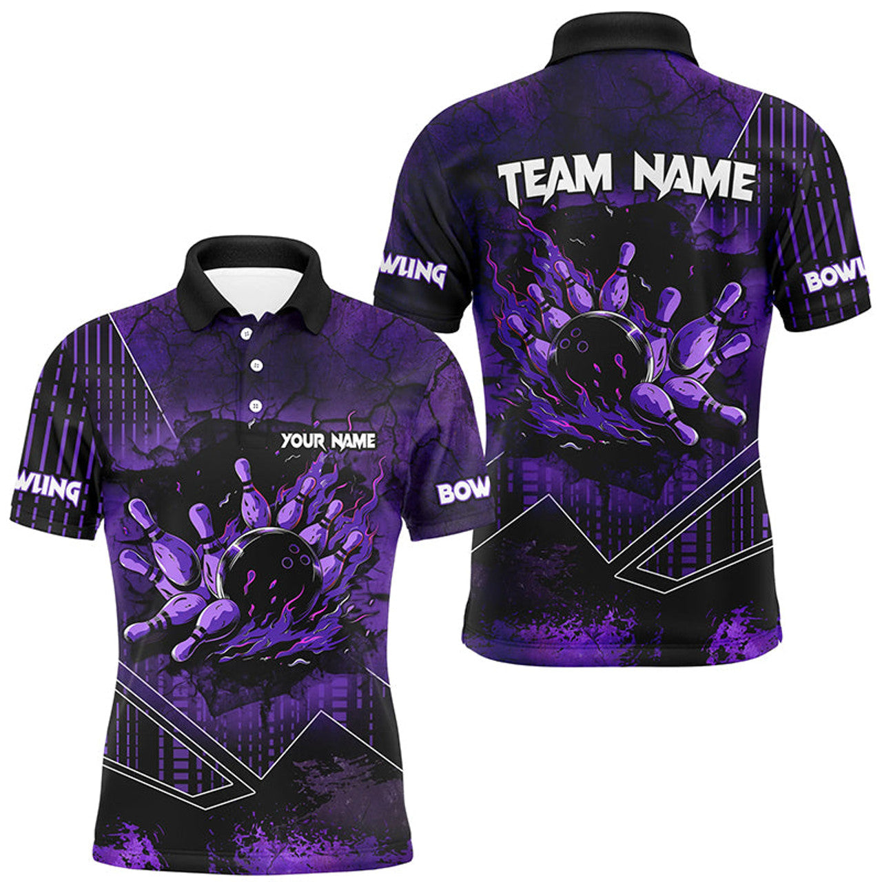 Purple Grunge Flame Bowling Ball Pins Shirt for Men Men's Polo Shirt S-5XL