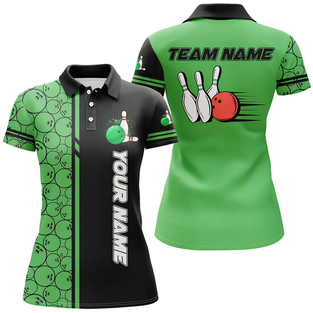 Custom Black and Green Vintage Bowling for Women's Polo Shirts S-5XL