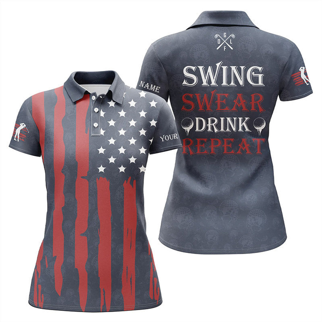 Custom American Flag Golf Shirt Swing Swear Drink Repeat Women's Polo Shirts S-5XL