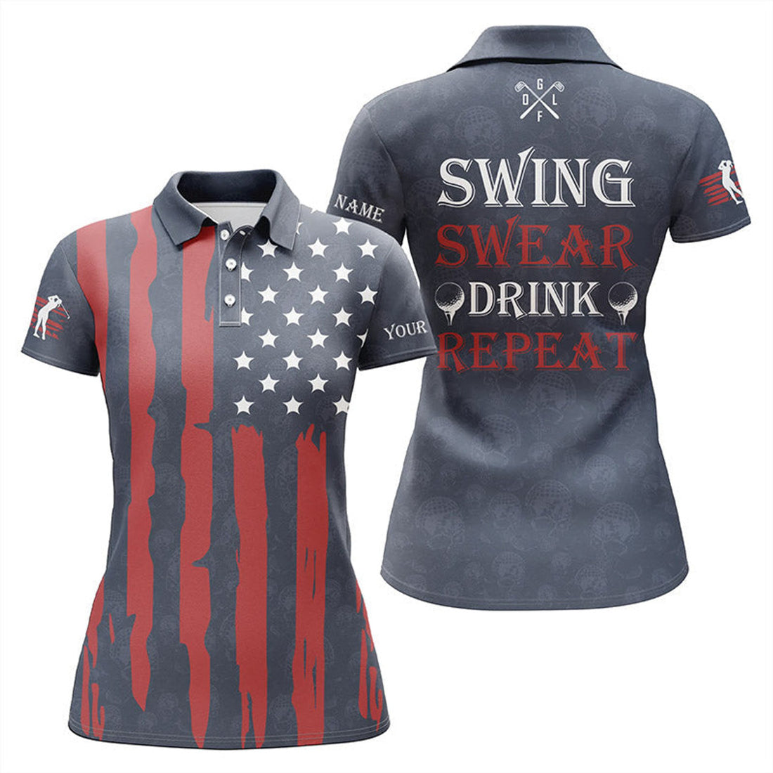 Custom American Flag Golf Shirt Swing Swear Drink Repeat Women's Polo Shirts S-5XL