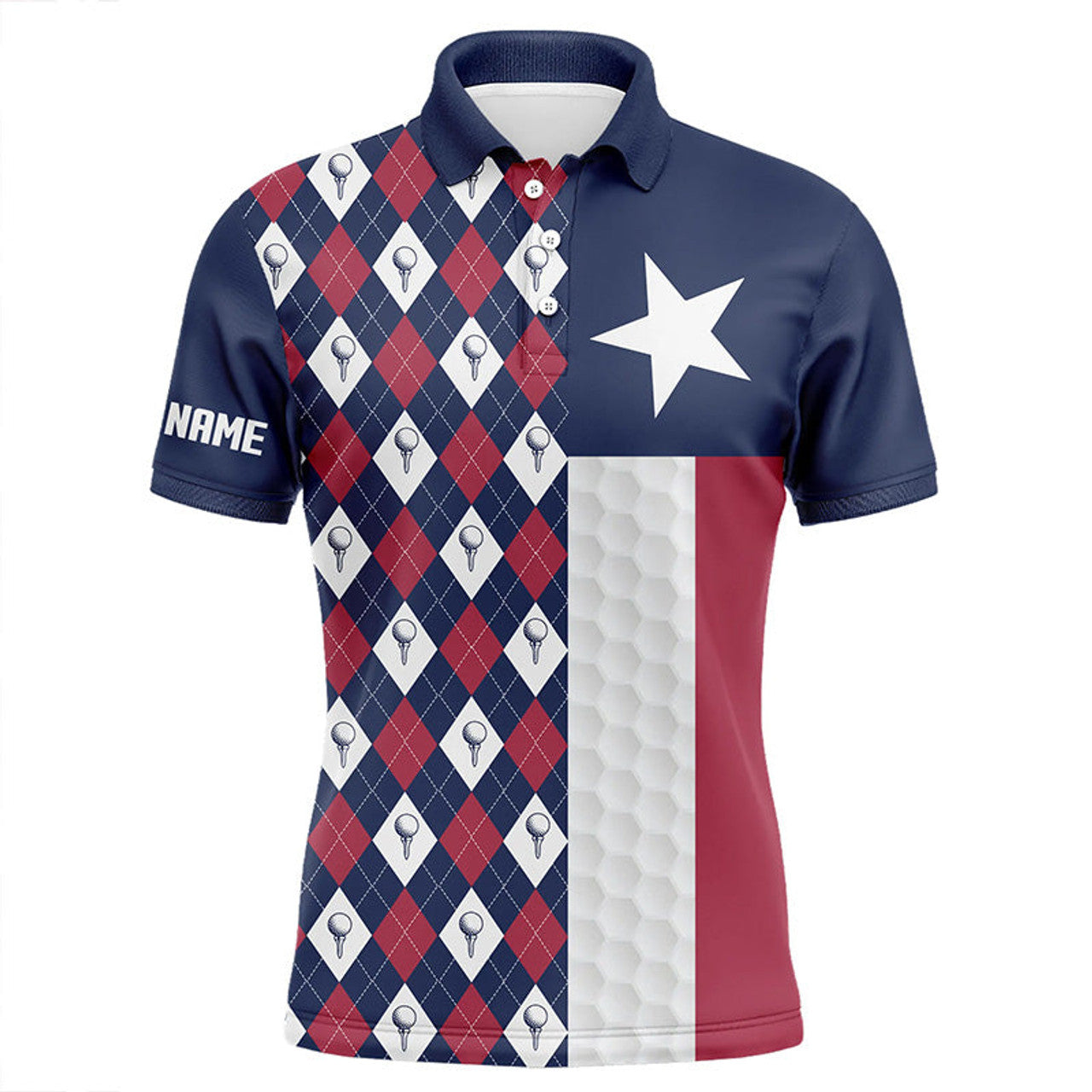 Custom Red White Blue Argyle Texas Flag Patriotic Golf Mens Polo Shirt S-5XL
