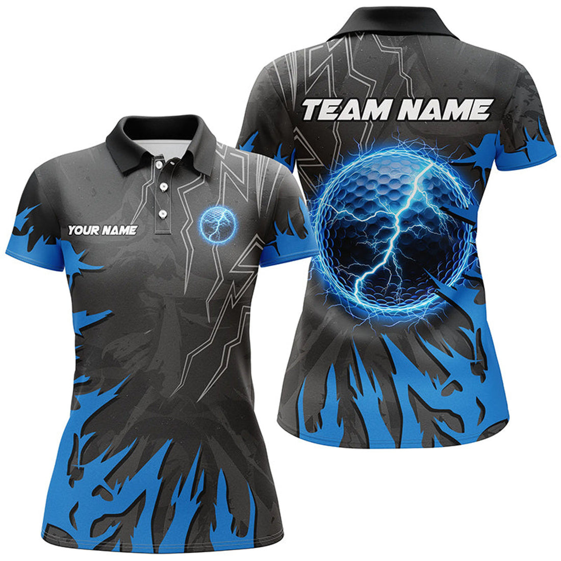 Custom Black Blue Lightning Thunder Golf Ball Women's Polo Shirts S-5XL