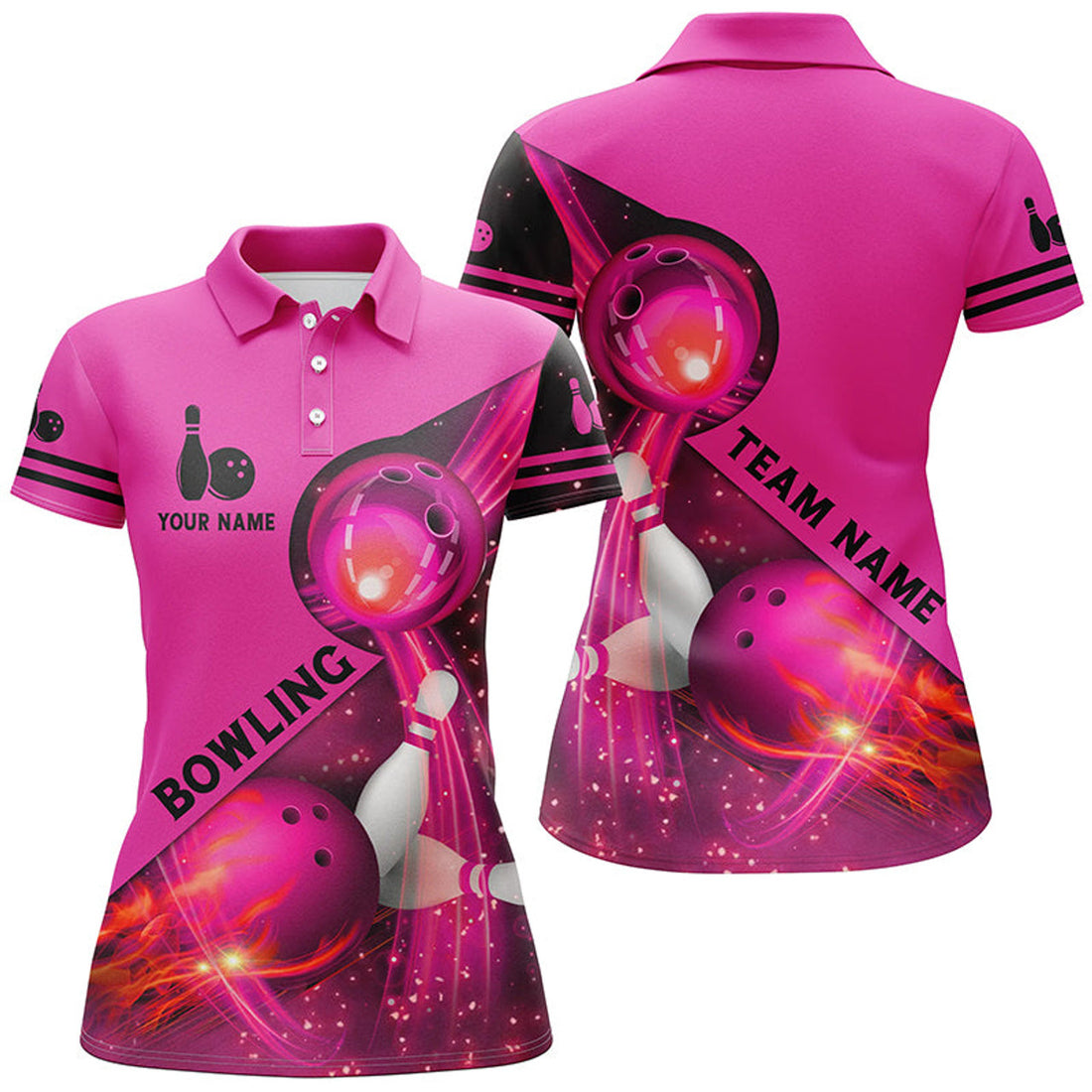 Custom Pink Flame Bowling Team Shirt For League Style Women's Polo Shirts S-5XL