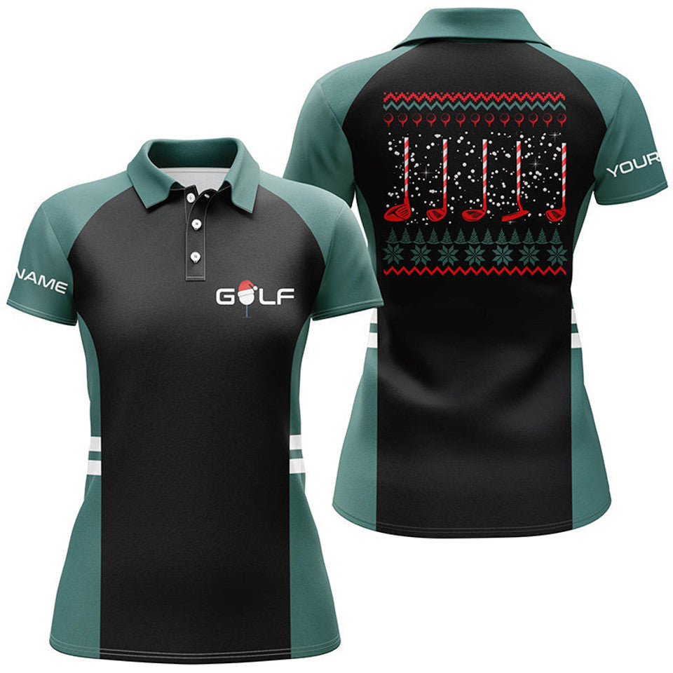 Custom Green Black Christmas Golf Polo with Clubs Women's Polo Shirts S-5XL