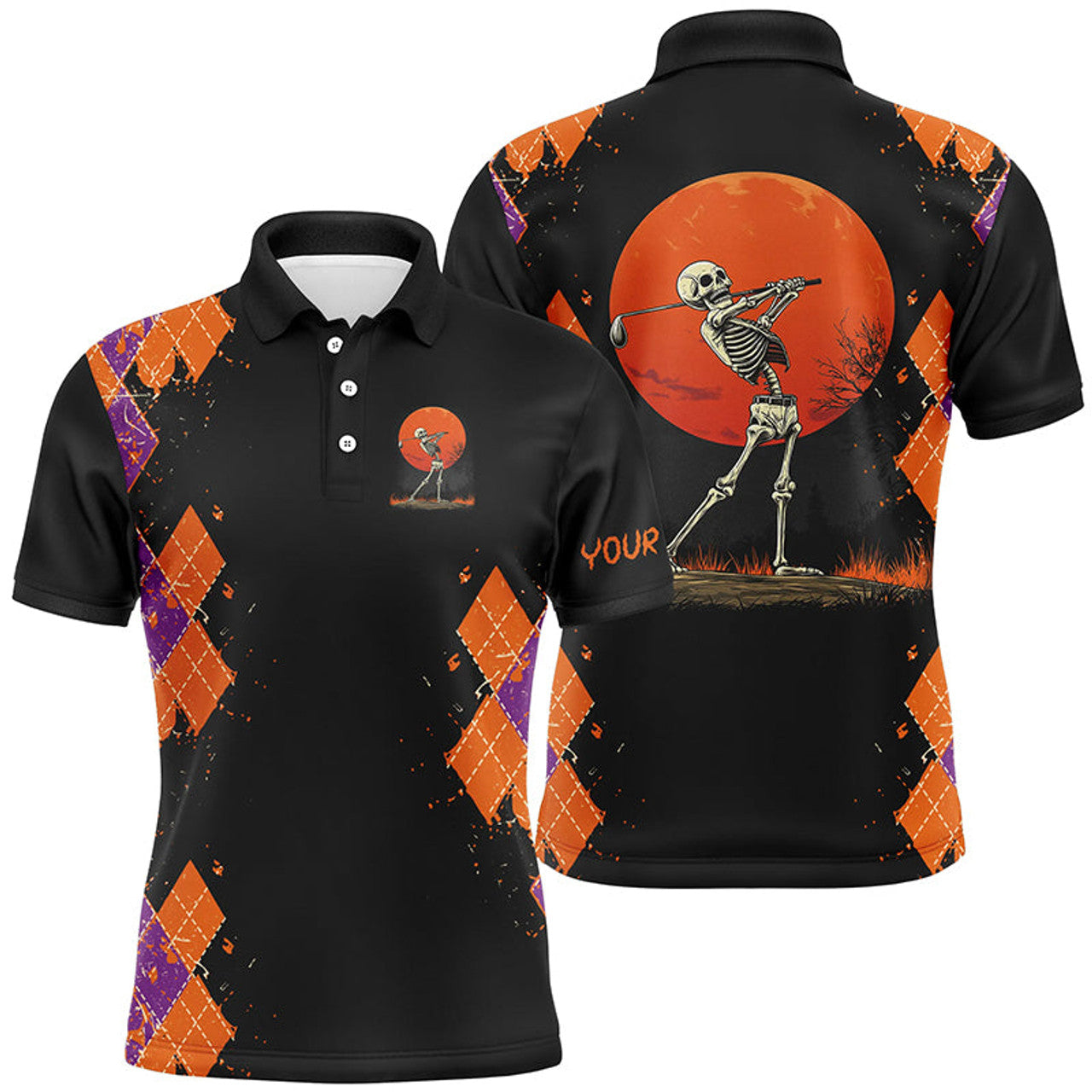Funny Skull Halloween Argyle Pattern Black Custom Golf Men's Polo Shirt S-5XL