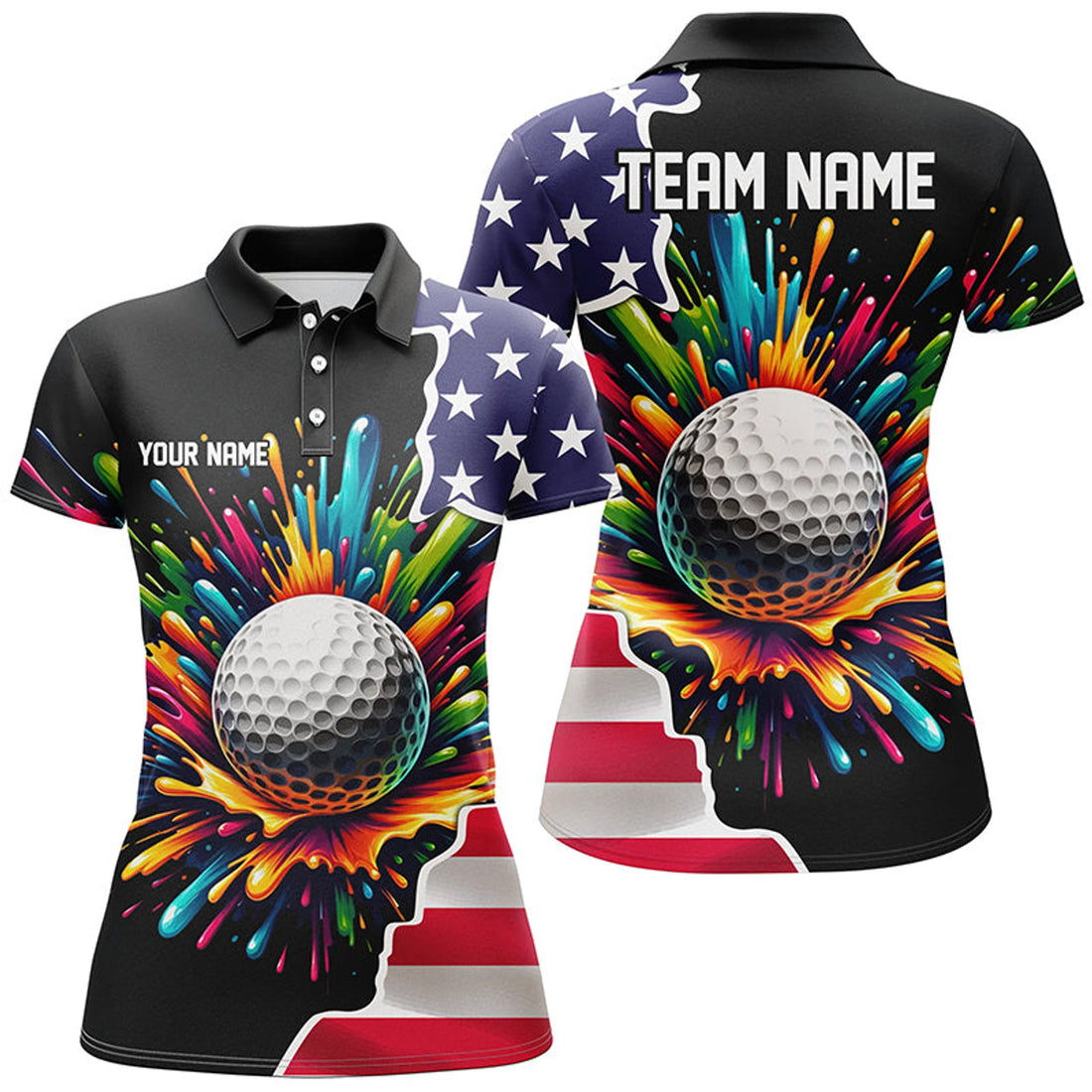 Custom American Flag Black Golf with Colorful Paint Women's Polo Shirt S-5XL