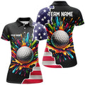 Custom American Flag Black Golf with Colorful Paint Women's Polo Shirt S-5XL