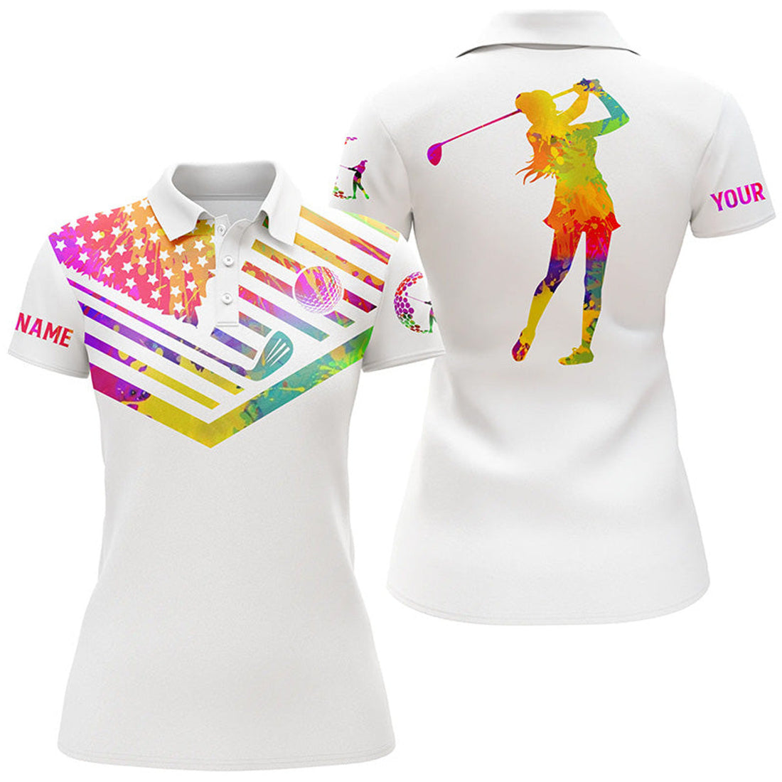 Custom Name White Golf Shirt with Watercolor American Flag Women's Polo Shirts S-5XL