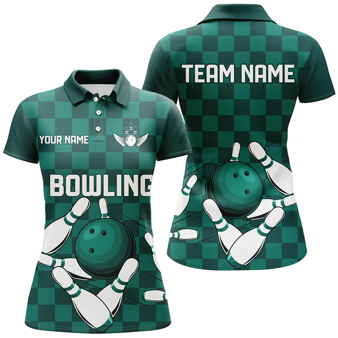 Custom Green Checkered Team Bowling Shirt Ladies Outfit Women's Polo Shirts S-5XL
