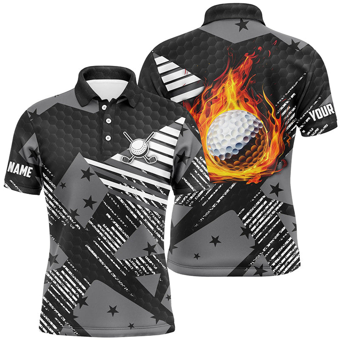 Custom Black and White Flame Golf Shirt Golfing Gifts Men's Polo Shirt S-5XL