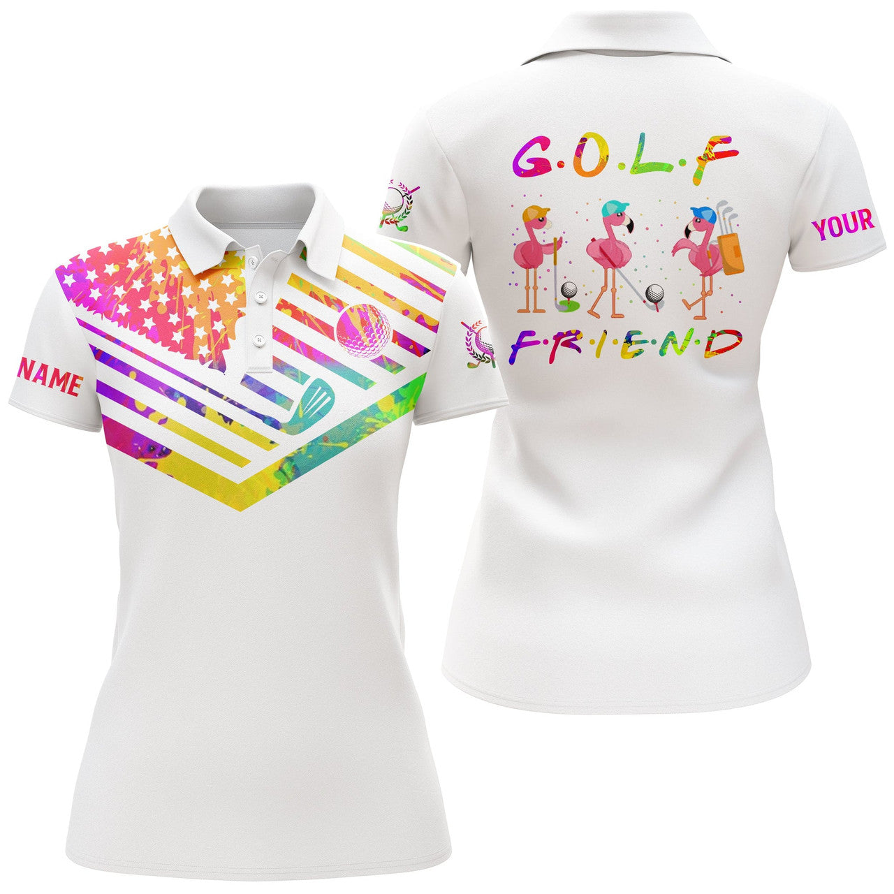 Custom Name Flamingo Golf Shirt American Flag Women's Polo Shirts S-5XL
