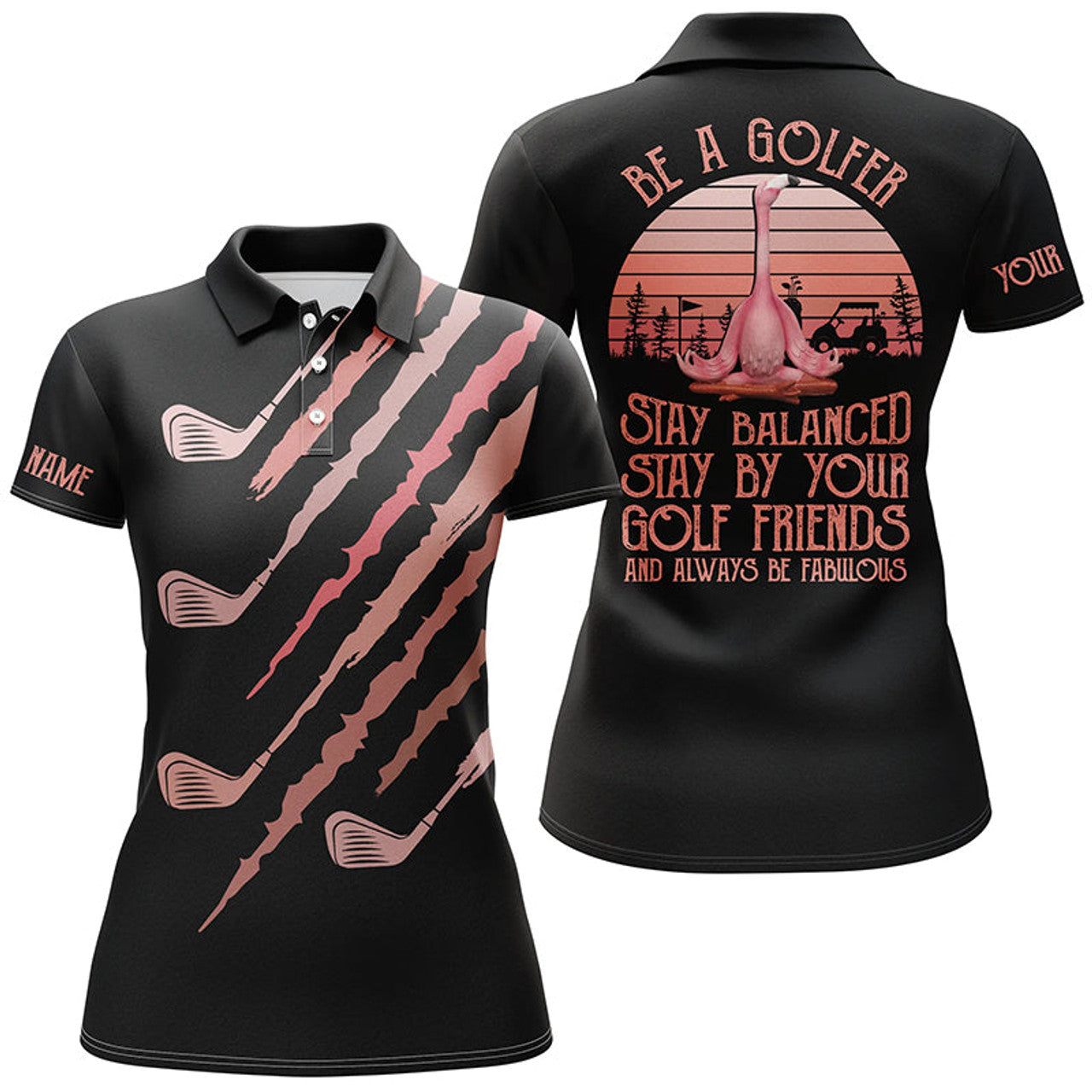 Custom Pink Flamingo Be A Golfer Golf Clubs Design Women's Polo Shirts S-5XL