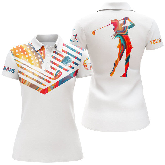 Custom White Golf Polo Shirt with American Flag Women's Polo Shirts S-5XL