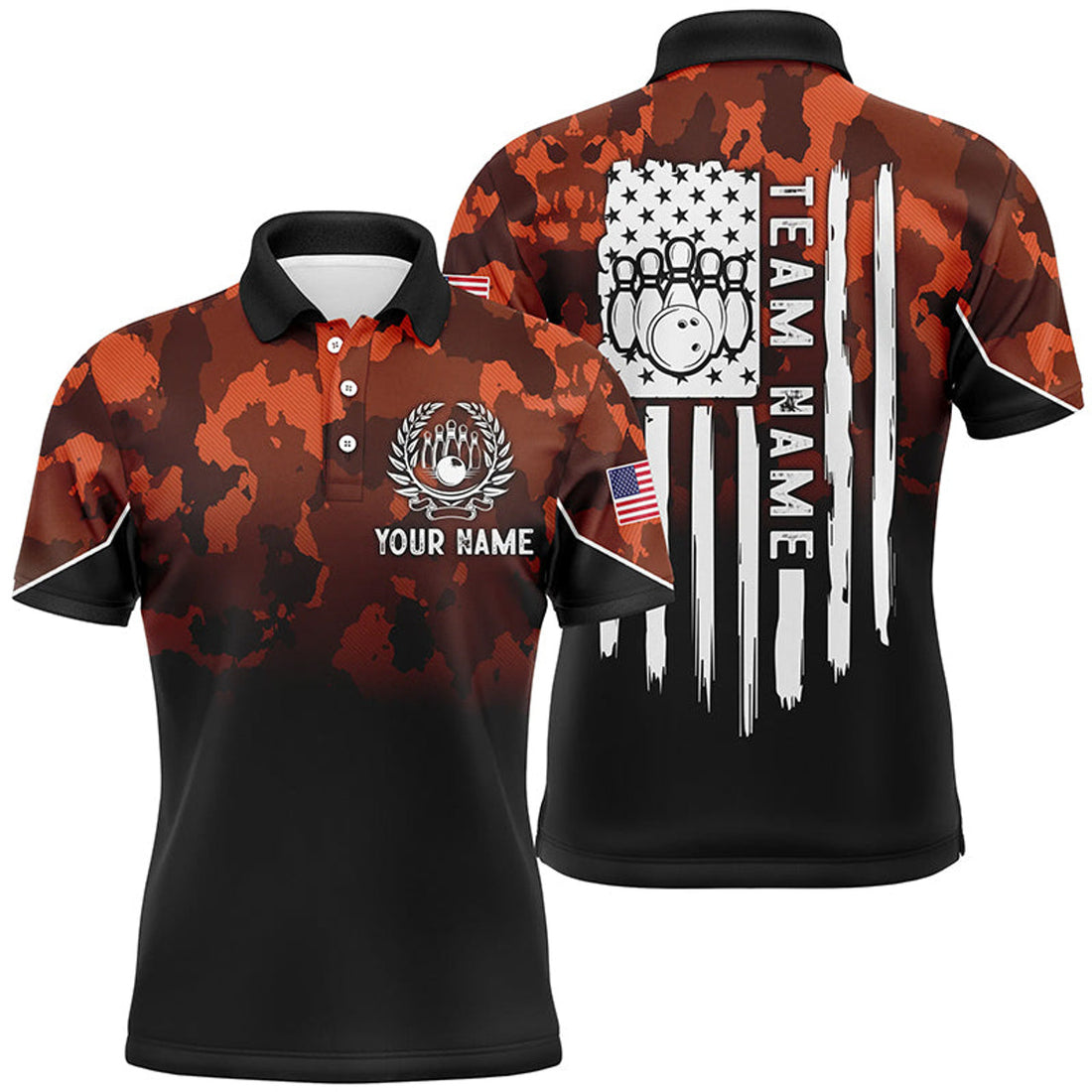 Orange Camo American Flag Patriotic Bowling Polo Shirt Men's Polo Shirt S-5XL