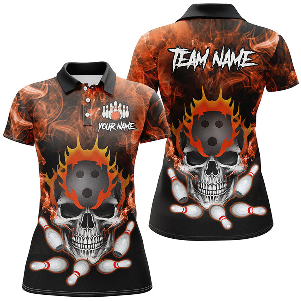 Custom Orange Smoke Skull Bowling Shirt for Team or League Women's Polo Shirts S-5XL