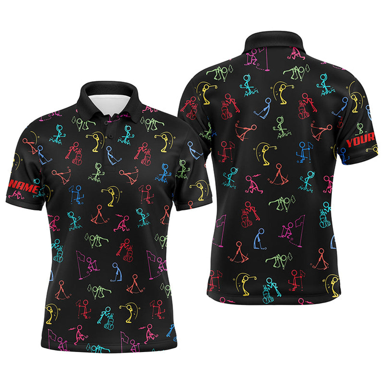 Custom Name Funny Multi Color Golf Pattern Black Best Men's Polo Shirt S-5XL
