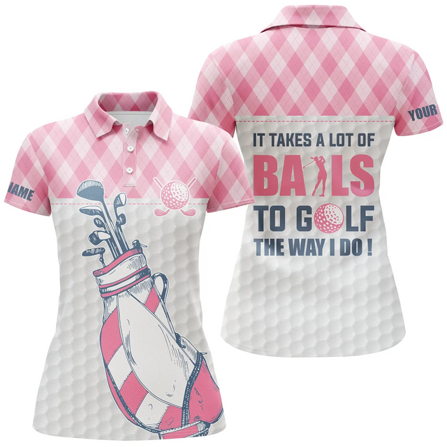 Custom Pink Argyle Golf Shirt It Takes A Lot Of Balls Golf Women's Polo Shirts S-5XL