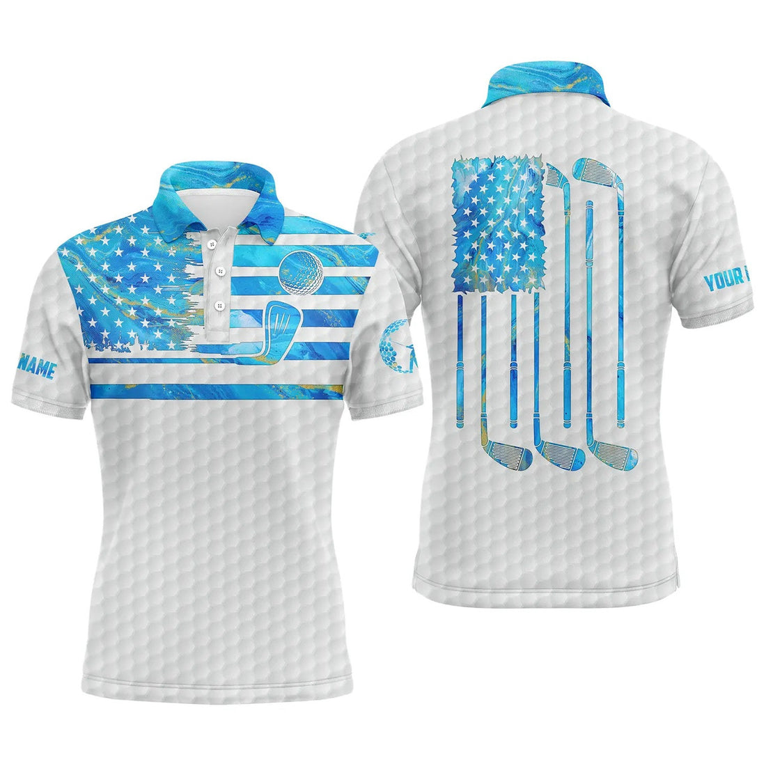 Personalized Blue Watercolor American Flag Apparel Custom Name Men's Polo Shirt